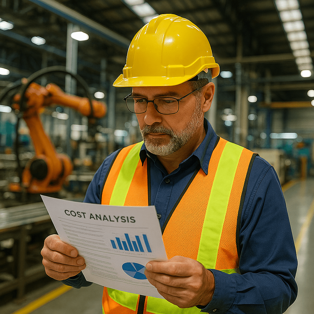 Construction company CFO reviewing financial reports and job costing plans on a building project site – fractional CFO services for construction companies.