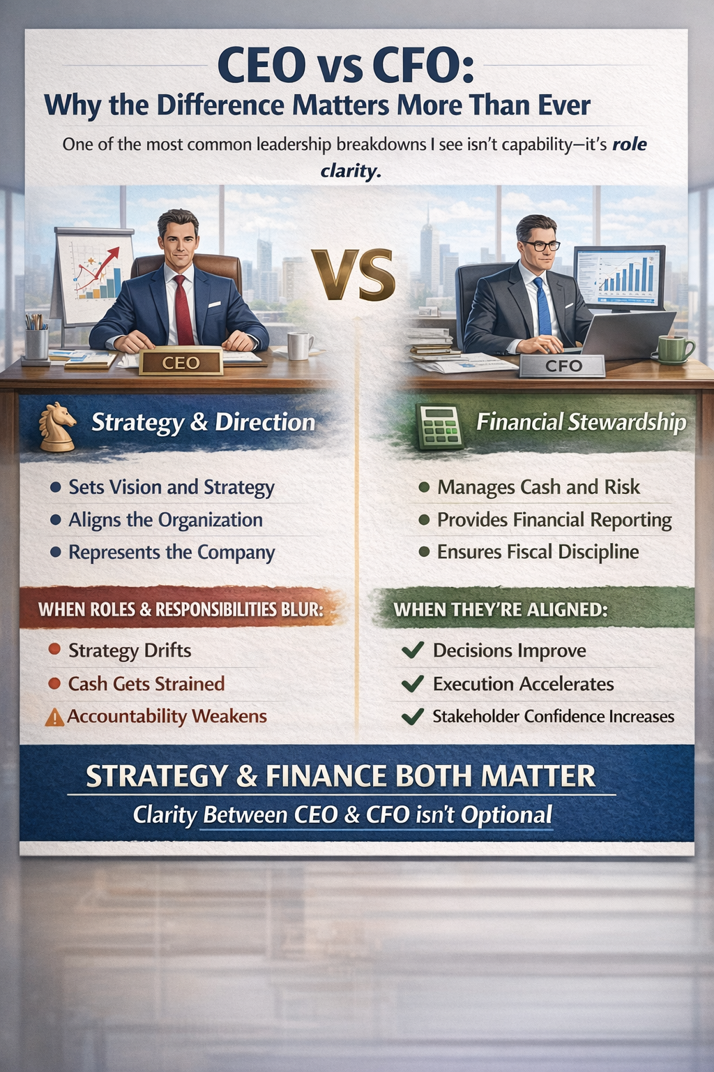 CEO vs CFO responsibilities comparison infographic
