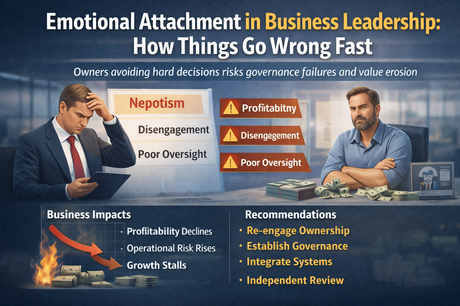 Business owner reviewing financial reports showing declining profitability and operational risks