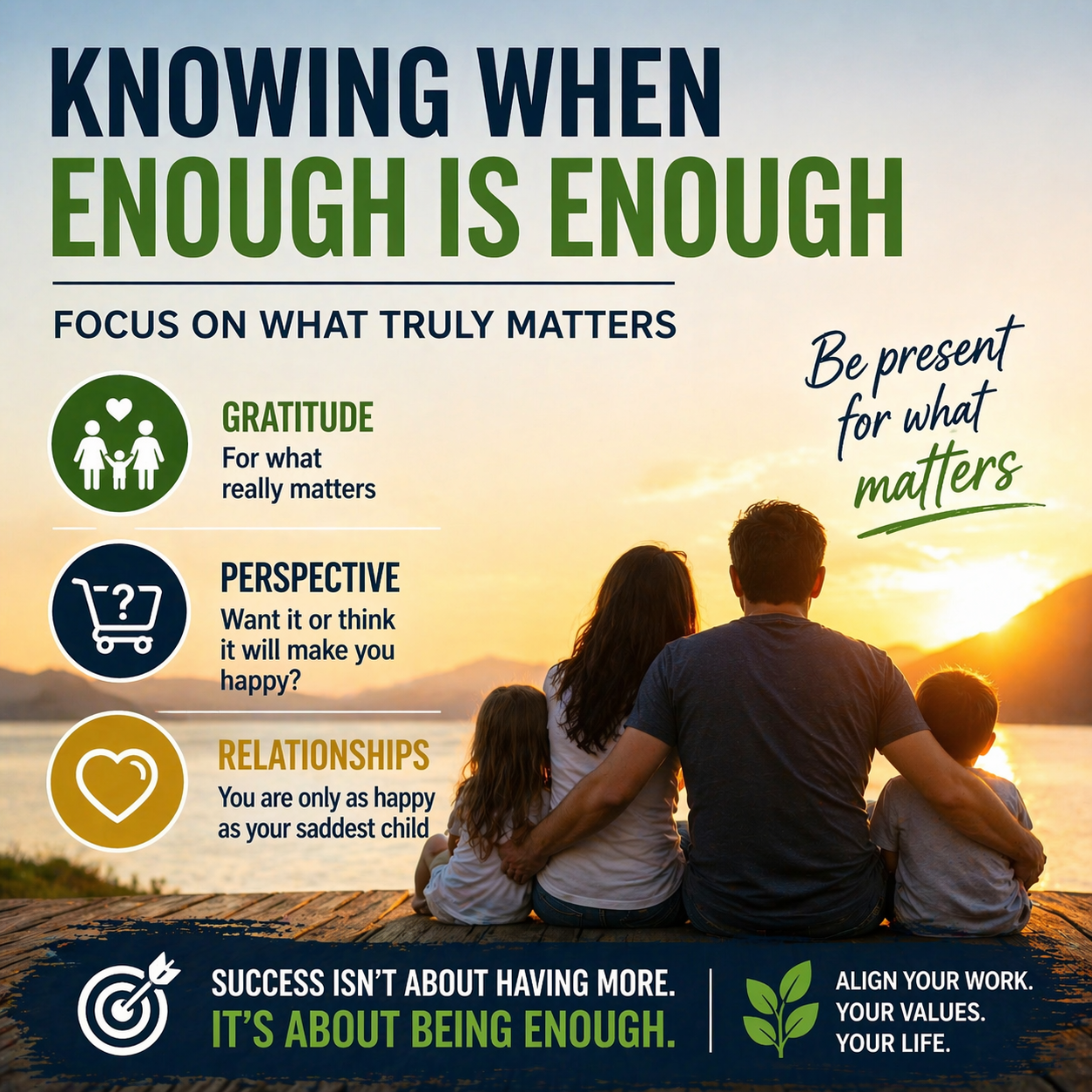 Poster-style infographic with a family watching a sunset and the headline 'KNOWING WHEN ENOUGH IS ENOUGH'—highlights three ideas: Gratitude, Perspective, and Relationships, each with an icon and short description, plus a bottom slogan about being enough and alignment of work, values, and life.
