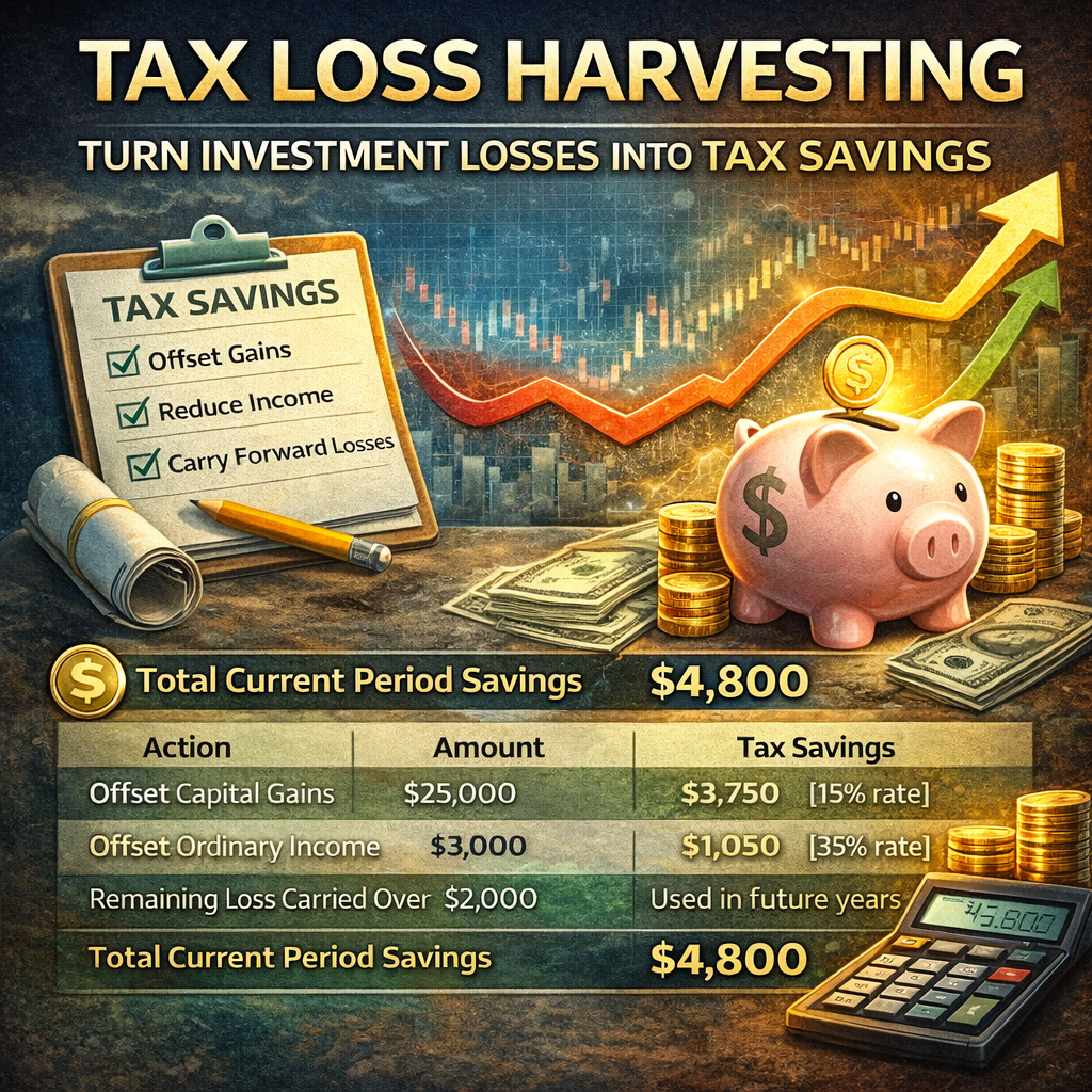 tax loss harvesting strategy showing investment losses offsetting gains and reducing taxes
