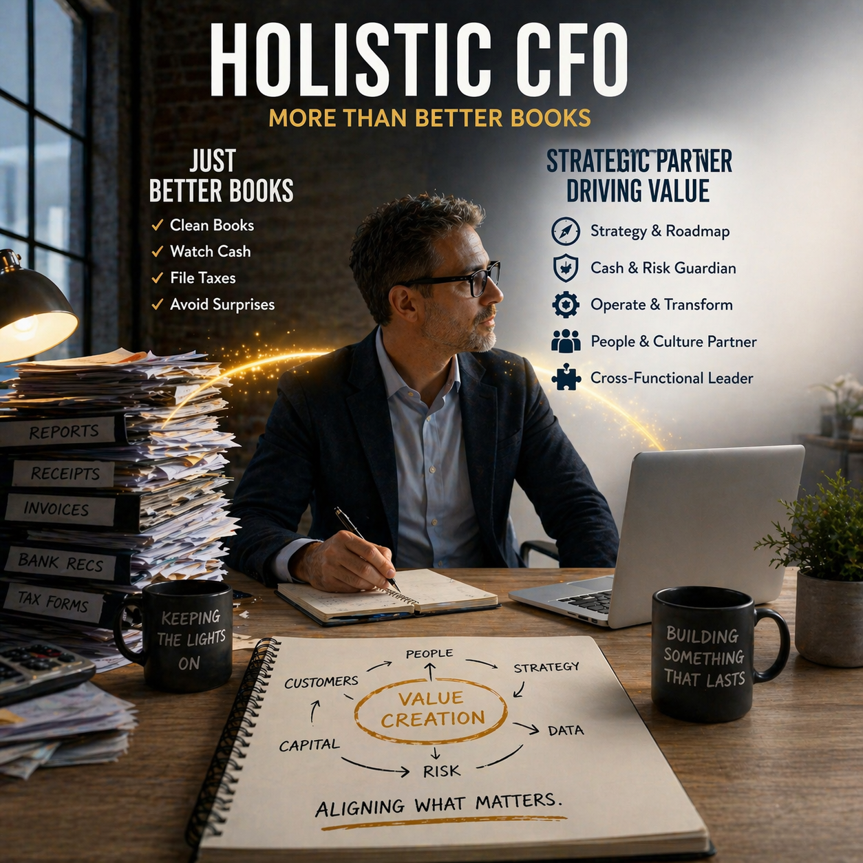 Executive in a blazer writes in a notebook at a cluttered desk, with a laptop, stacked files, and a poster reading HOLISTIC CFO in the background.