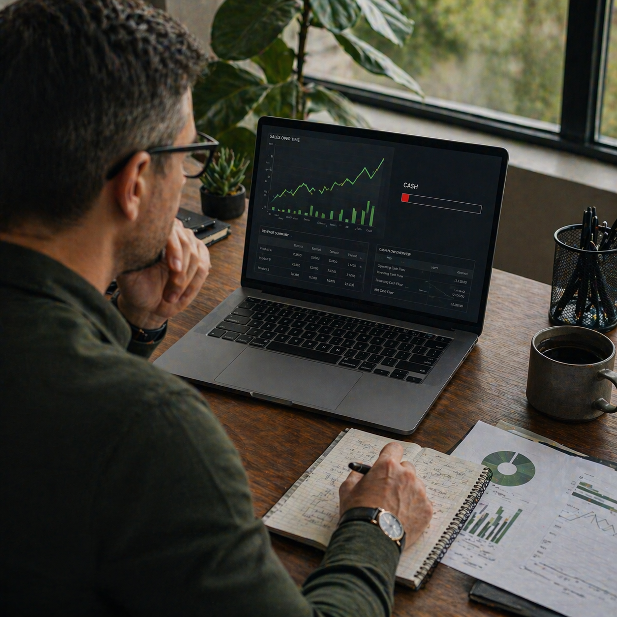 Business owner reviewing cash flow and sales growth charts on a laptop