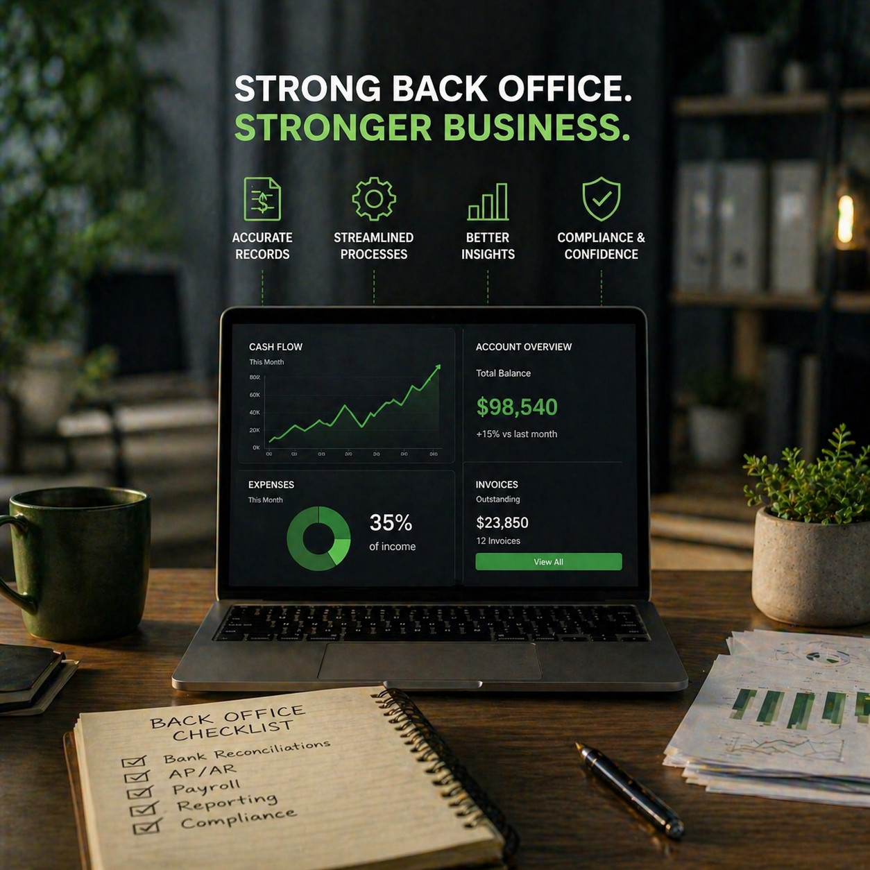 Laptop screen shows a business analytics dashboard with cash flow chart and account overview under a 'Strong Back Office, Stronger Business' banner in green and white text.