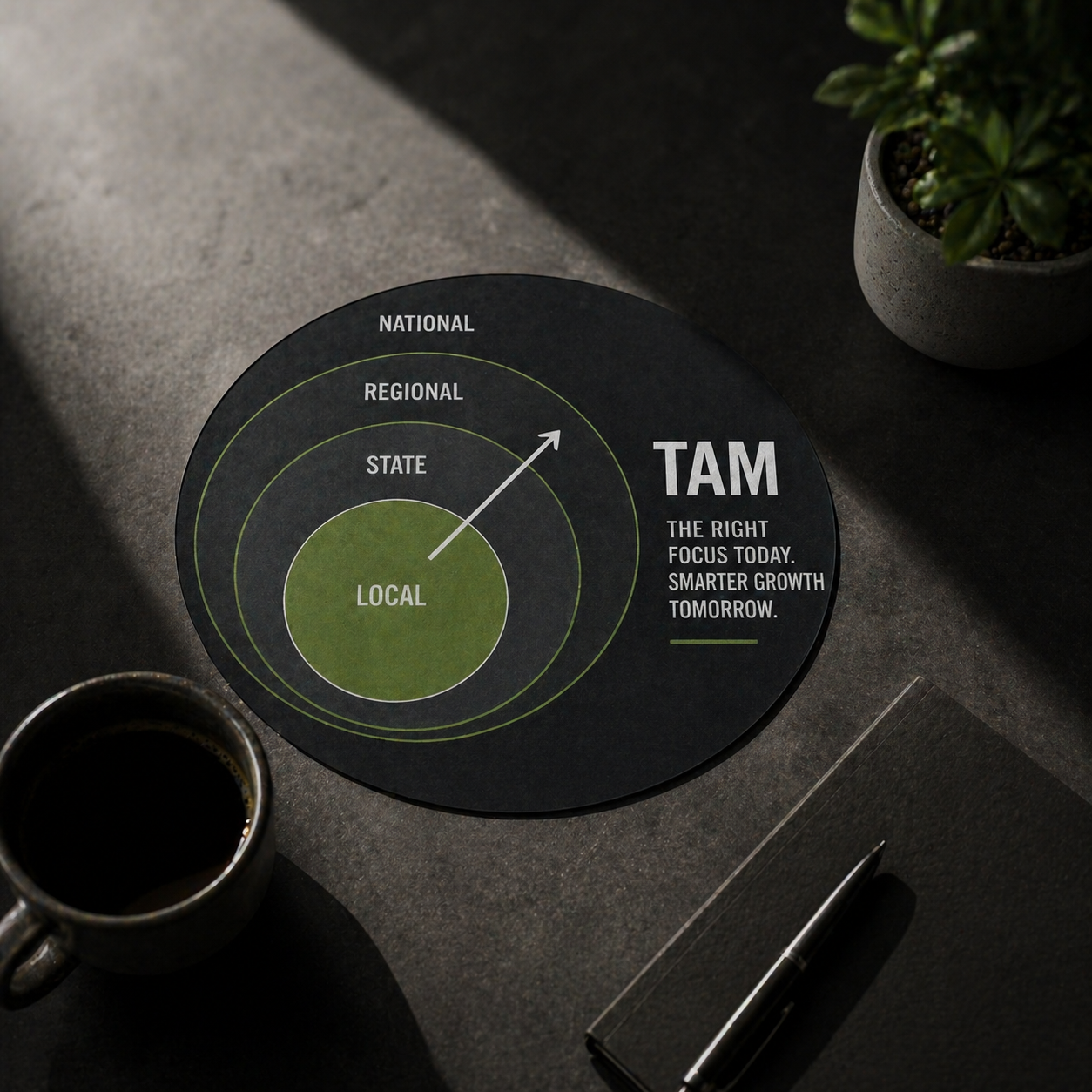 Circular diagram with concentric rings labeled Local (center), then State, Regional, National; arrow pointing outward; TAM text on right: 'The right focus today. Smarter growth tomorrow.'