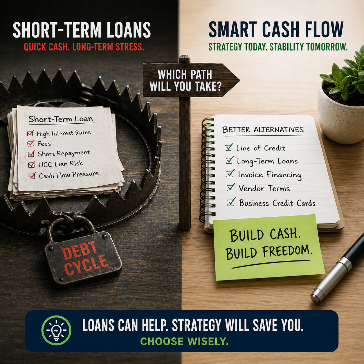 Split scene comparing debt cycle with short-term loan notes on the left to better alternatives listed in a notebook on the right, with a central sign reading 'Which path will you take?'