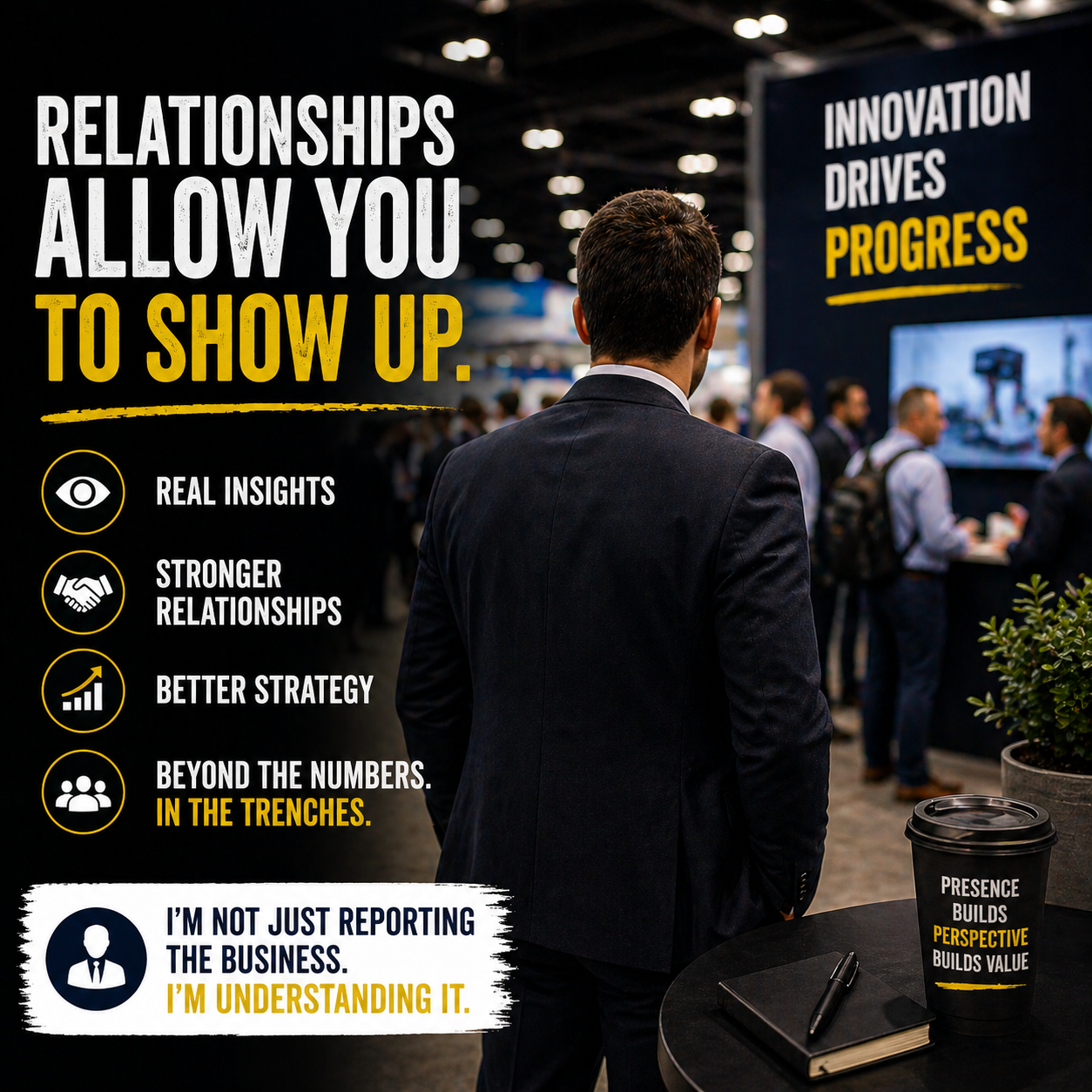 CFO client relationships showing business leader attending industry event and gaining real world insights