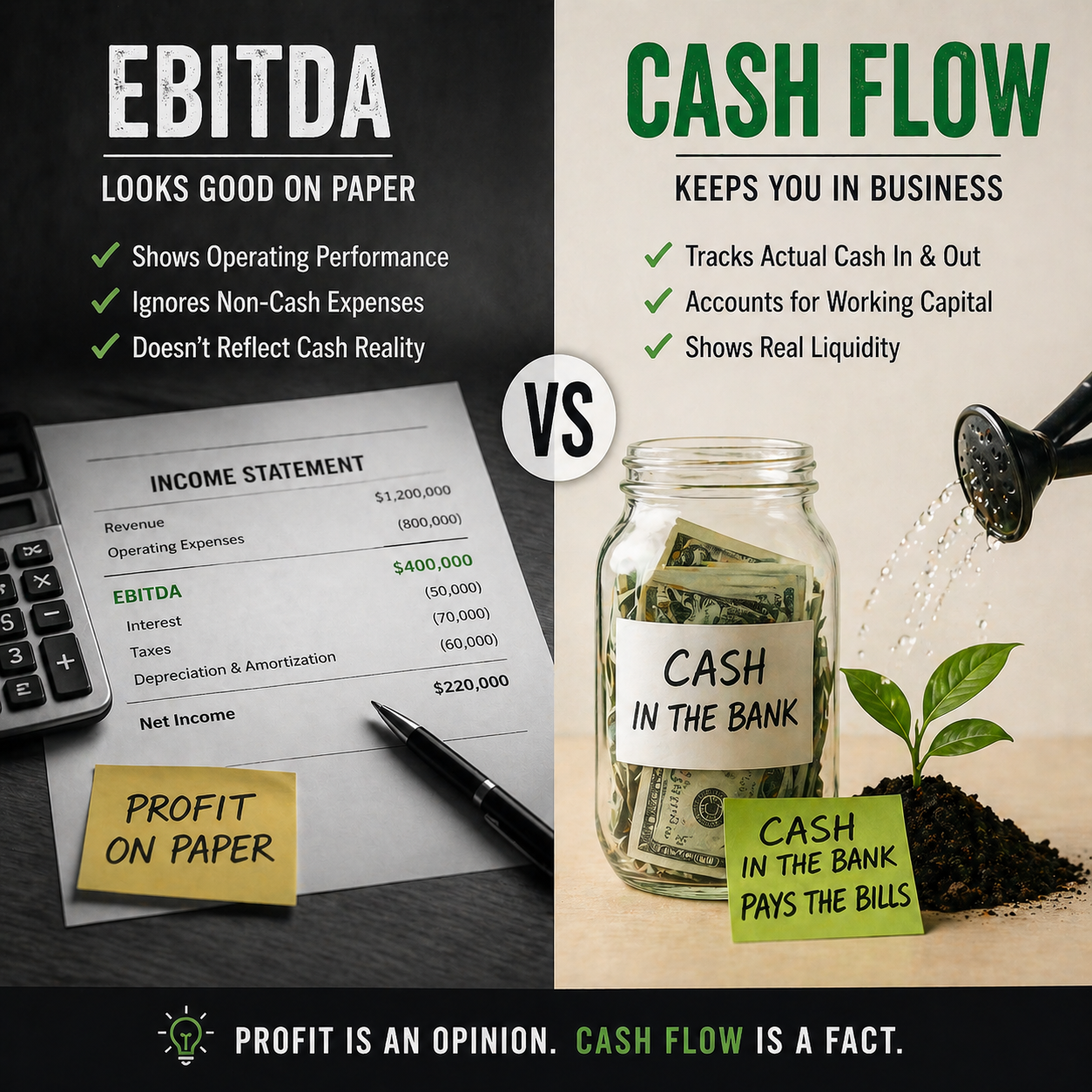 EBITDA vs cash flow comparison showing profit on paper versus real cash movement in business