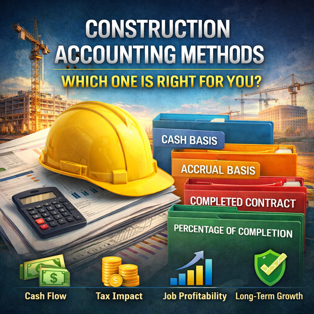 Construction accounting methods comparison showing cash basis, accrual, completed contract, and percentage of completion