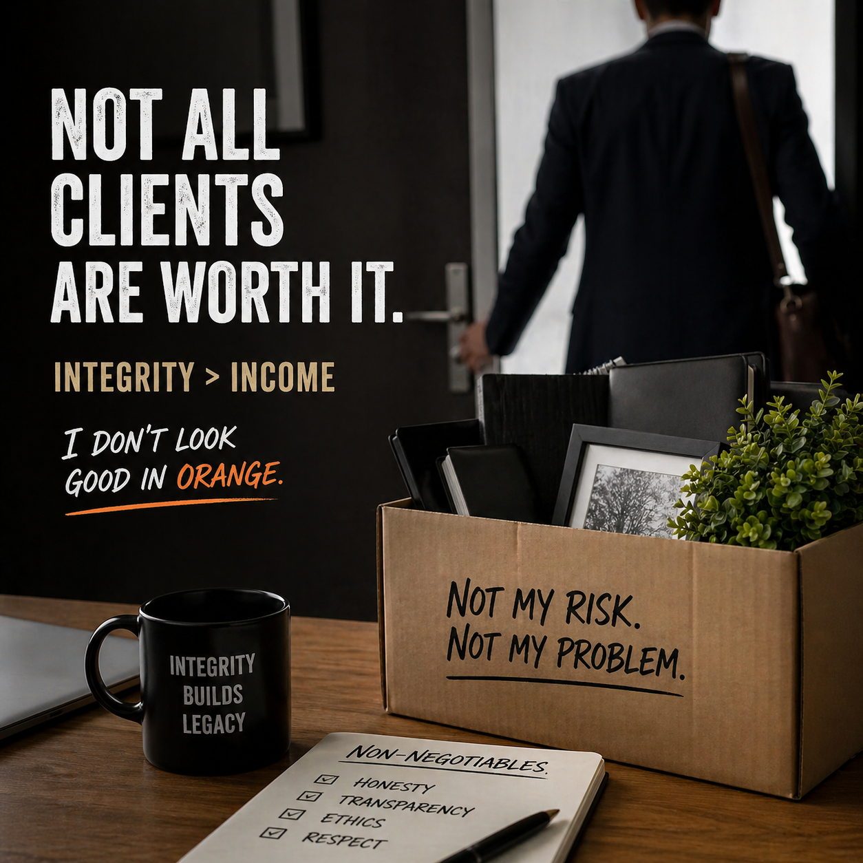 Office desk scene promoting integrity over income: a box labeled 'Not my risk, not my problem' sits beside a checklist and mug.