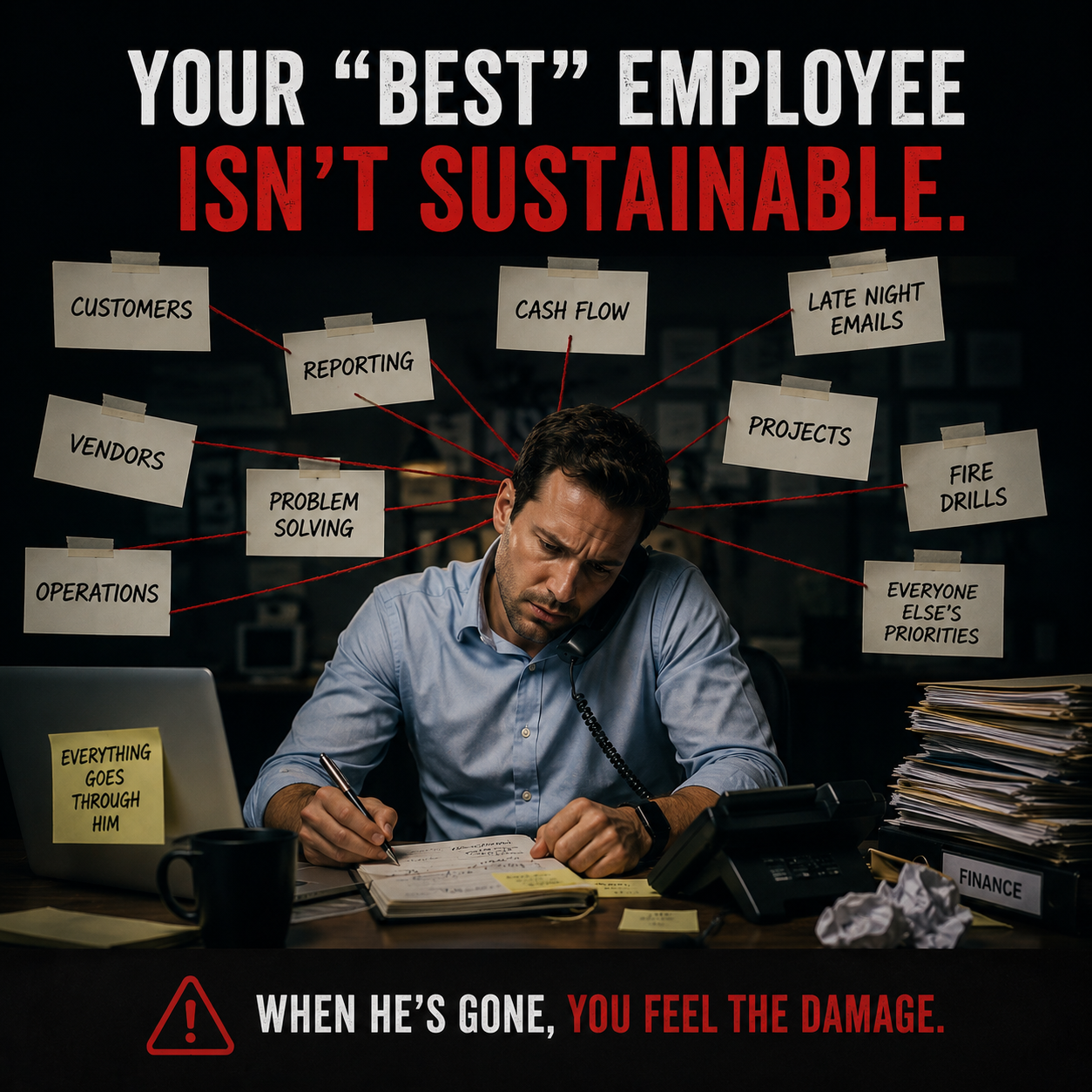 key person risk in a business showing one overloaded employee holding critical operations together