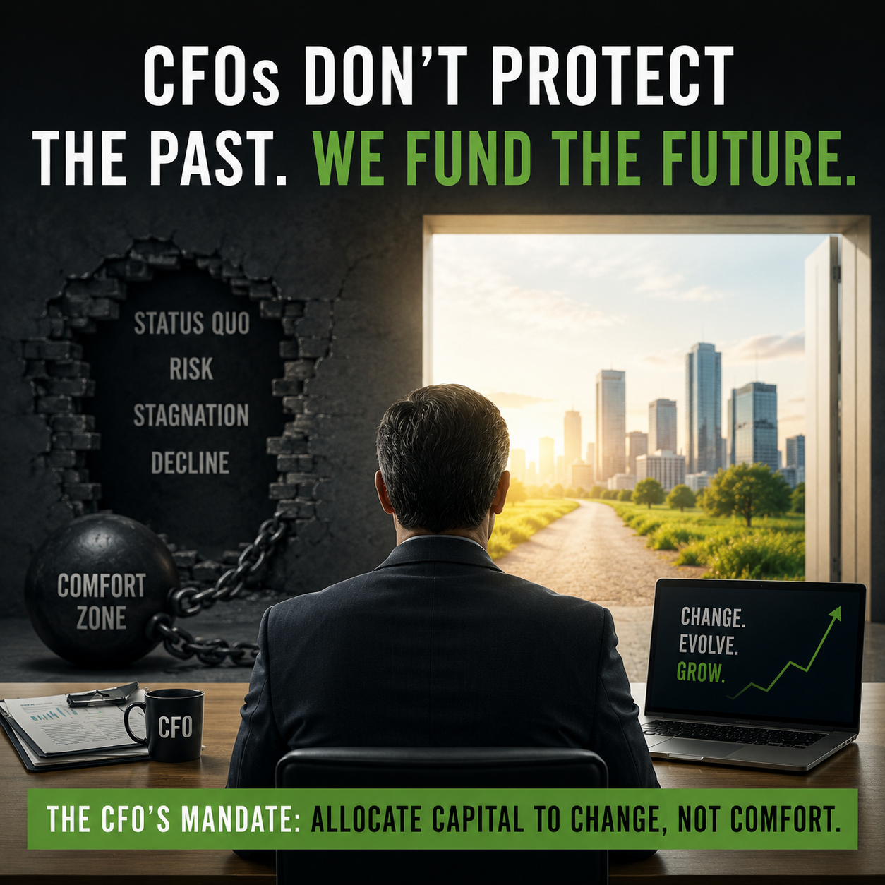 CFO strategic evolution concept showing finance leader balancing innovation investment with operational risk and business transformation