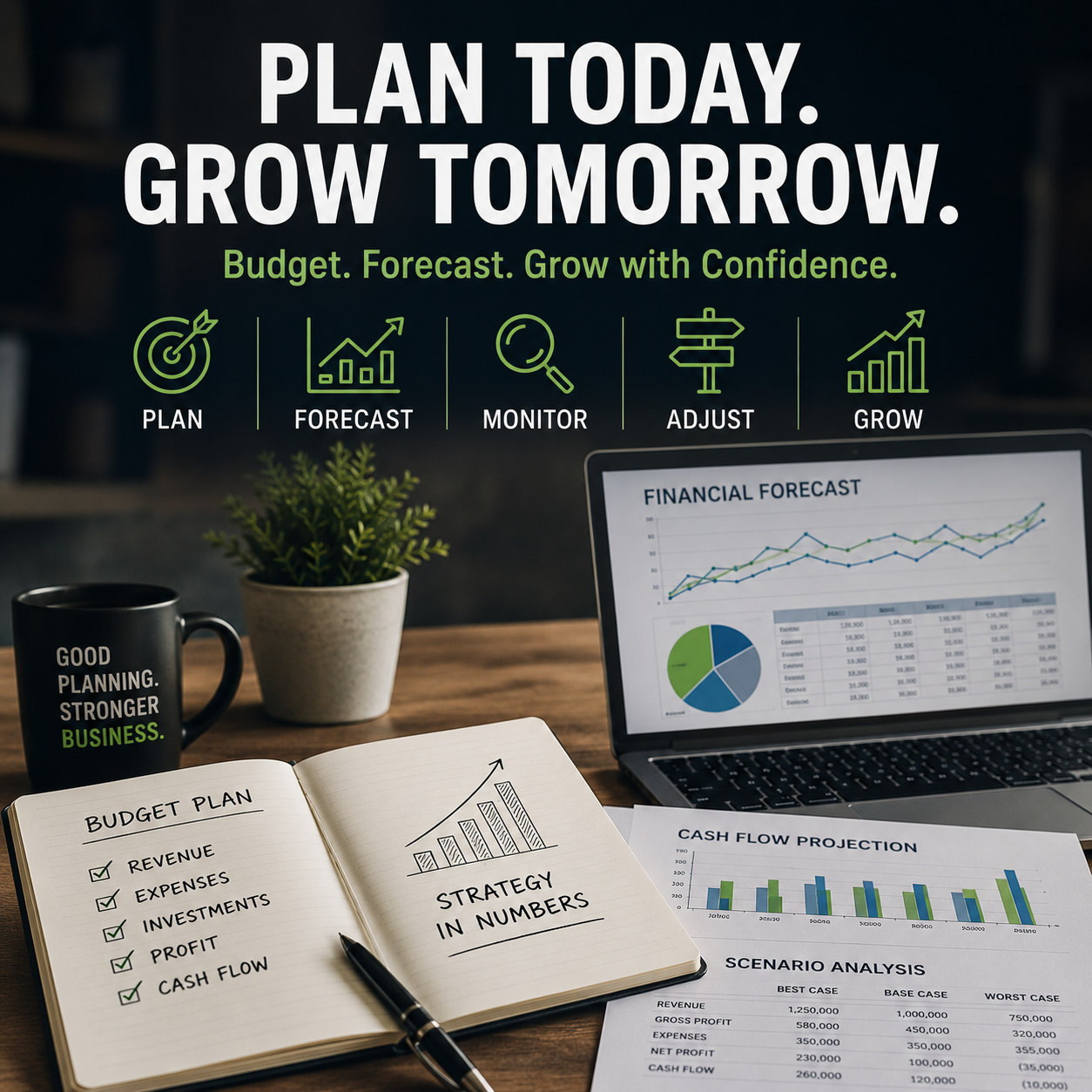 budgeting and forecasting services showing business planning dashboards cash flow projections and growth strategy