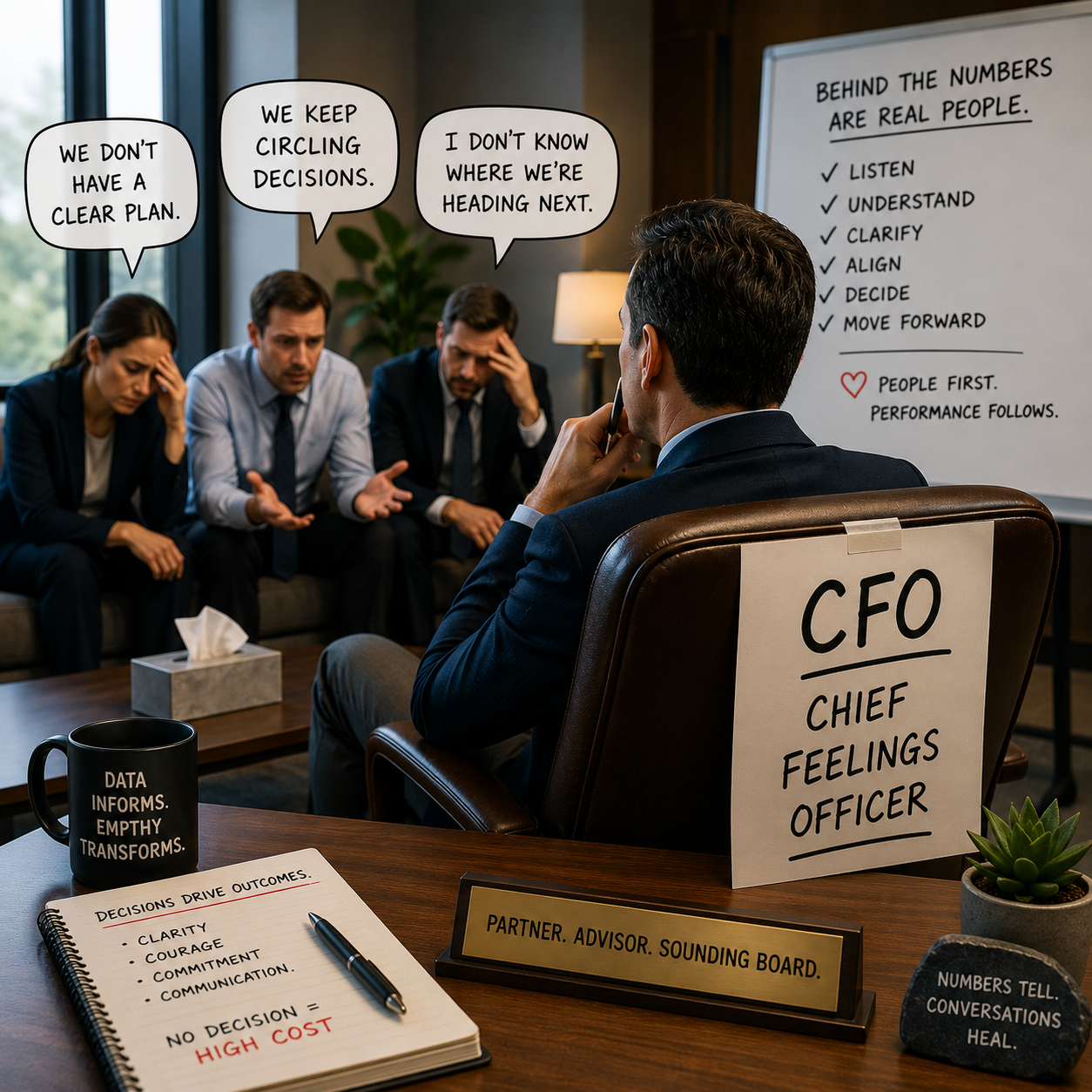 CFO leader in a thoughtful conversation with a senior executive, symbolizing the emotional and strategic role of the modern Chief Financial Officer