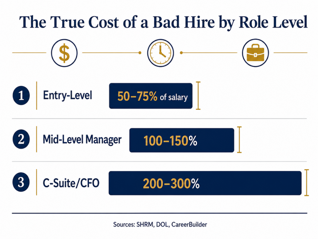 Infographic showing cost of a bad hire statistics from SHRM DOL and CareerBuilder with salary percentage benchmarks