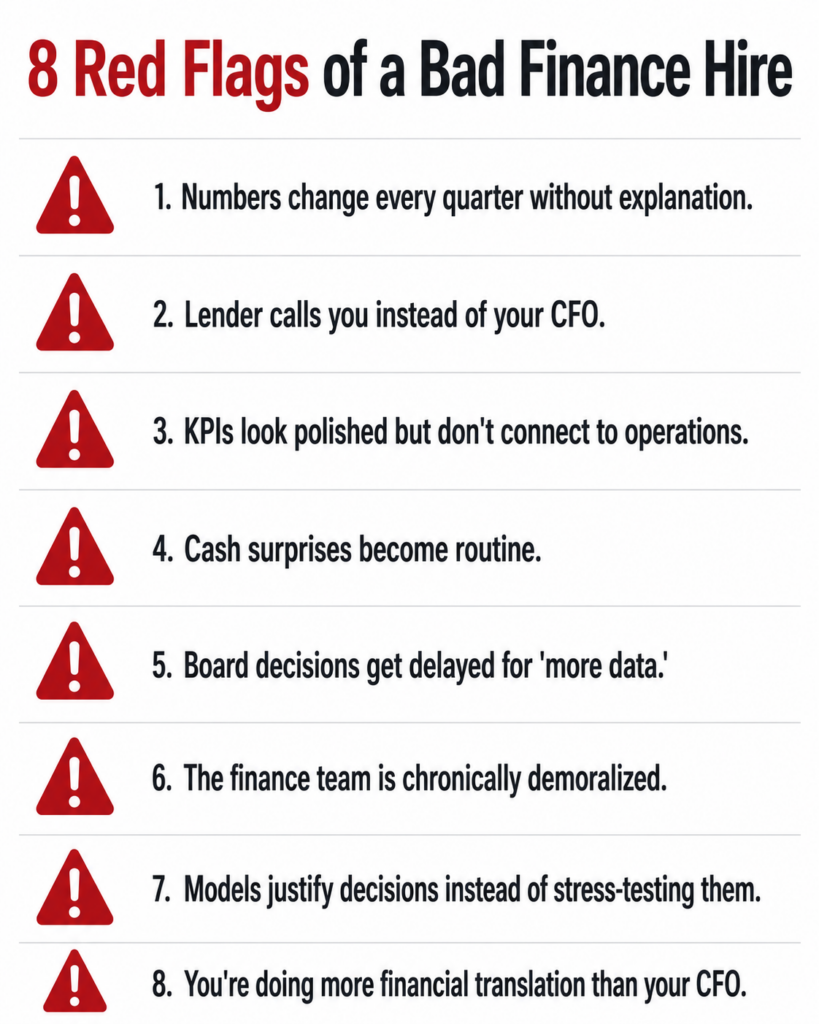 Checklist graphic showing 8 red flags of a bad CFO or finance hire for small and mid-market businesses