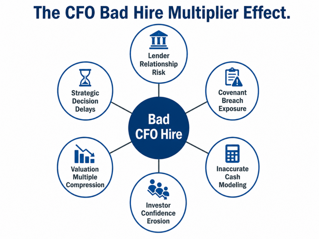 Diagram showing how a bad CFO hire multiplies costs across lender relationships, cash flow modeling, and enterprise valuation for $10M-$100M businesses