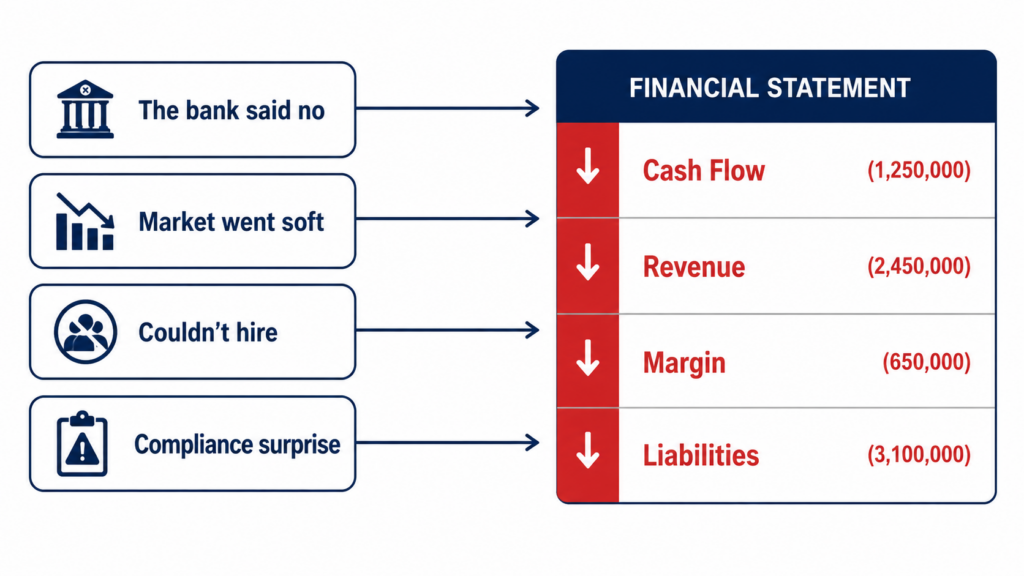 Flow diagram mapping four common leadership excuses to the financial statement line items they damage