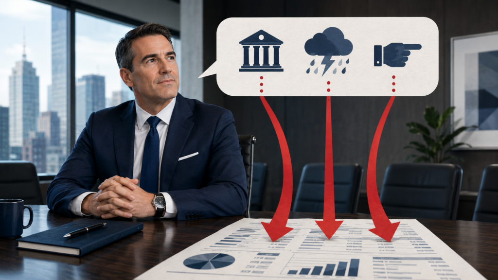 Leadership accountability concept — executive's excuses flowing into red losses on a company balance sheet