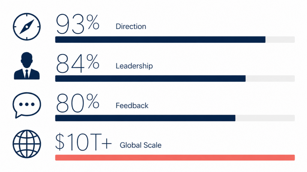 Chart of 2026 leadership accountability statistics: 93% misaligned, 84% cite leader behavior, $10T disengagement cost