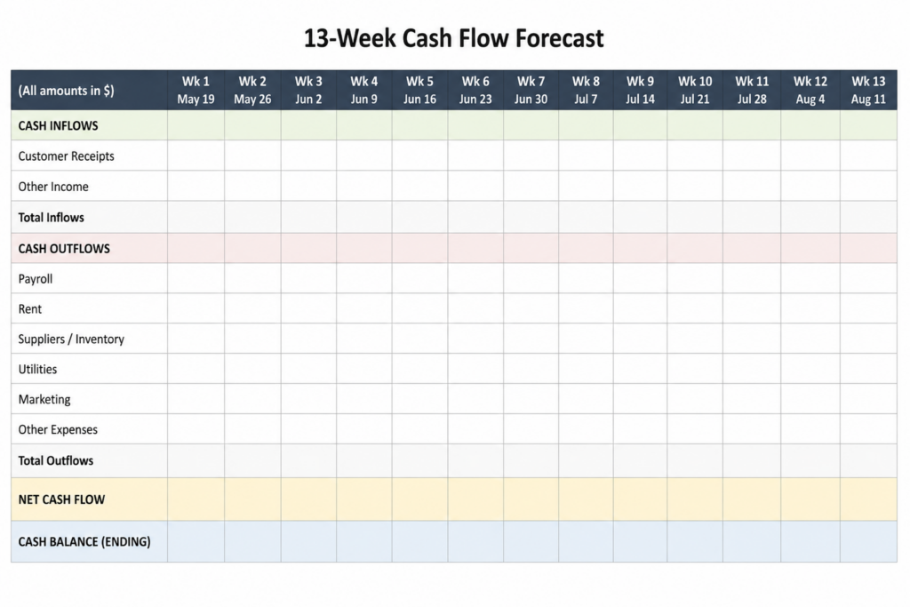 Example of a 13-week cash flow forecast template with weekly columns for receipts, payments, and net cash flow