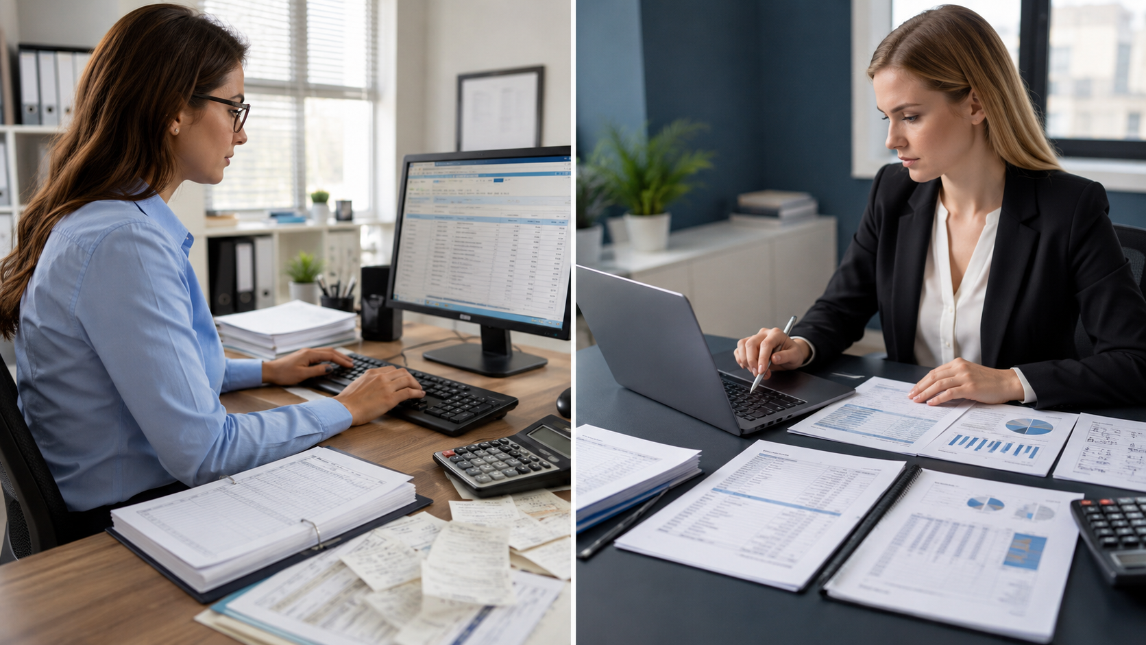 Split comparison graphic illustrating the roles of a bookkeeper versus an accountant