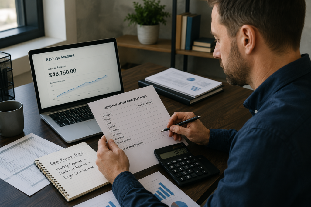 business-cash-reserve-calculation.jpg Business owner calculating a cash reserve target based on monthly operating expenses