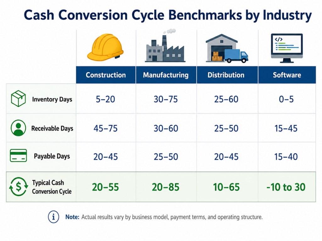 Table comparing cash conversion cycle benchmarks across construction, manufacturing, distribution, and software industries