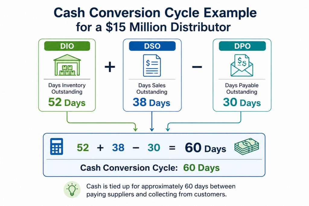 Worked example showing a cash conversion cycle calculation for a $15 million distribution company