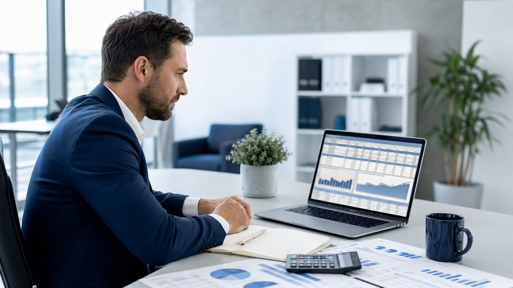 Founder reviewing a 12-month cash flow forecast spreadsheet on a laptop, cash flow forecast planning session
