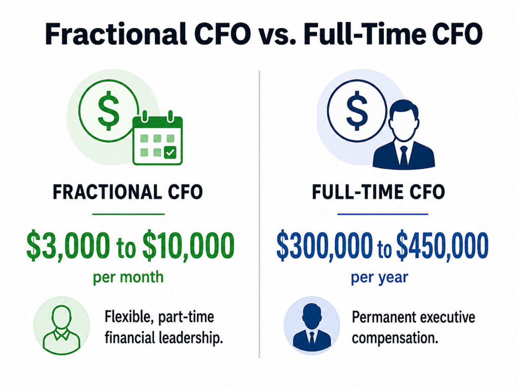 Cost comparison graphic showing fractional CFO pricing versus full-time CFO compensation