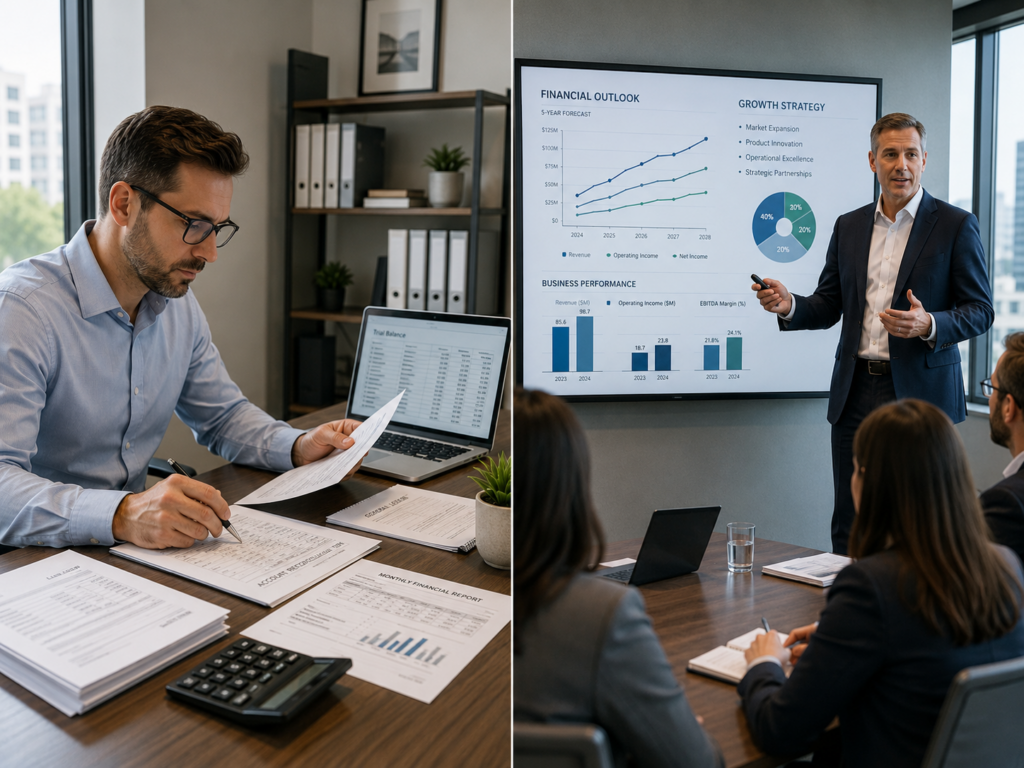 Split comparison graphic illustrating the roles of a CFO versus a controller