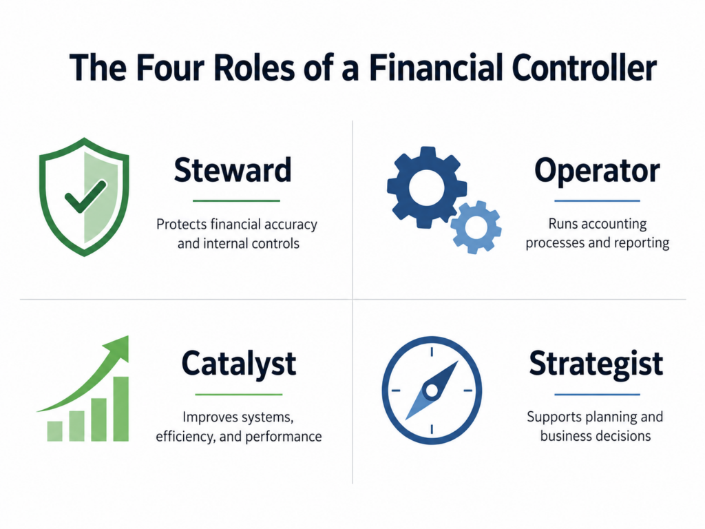 Graphic illustrating the four roles of a financial controller: steward, operator, catalyst, and strategist