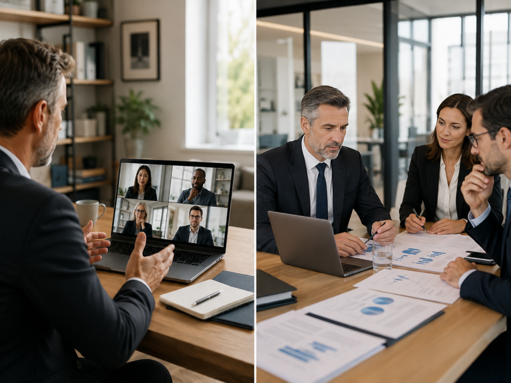 Split comparison graphic illustrating a fractional CFO versus a full-time CFO

