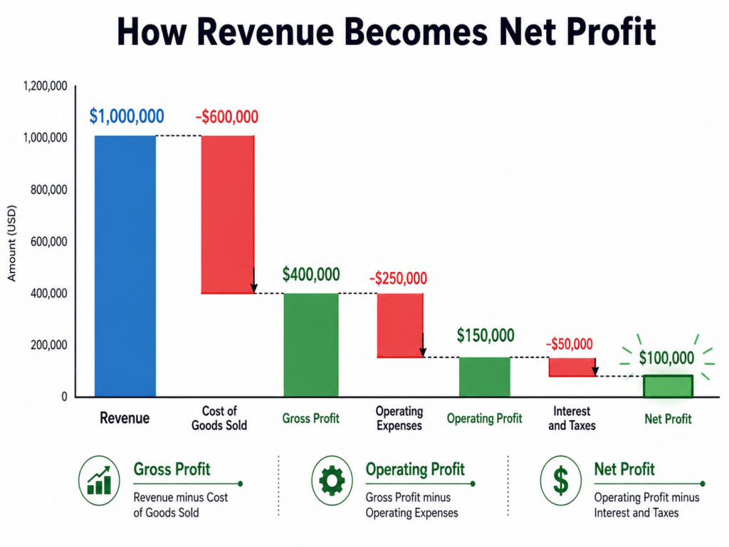 gross-operating-net-profit-waterfall-chart.jpg Waterfall chart showing how revenue steps down through gross profit, operating profit, and net profit