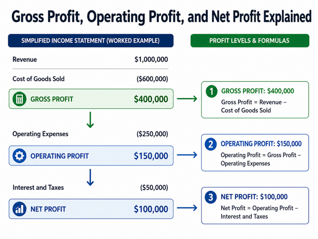 gross-profit-vs-net-profit-worked-example.jpg Worked income statement example showing gross profit, operating profit, and net profit calculated in sequence