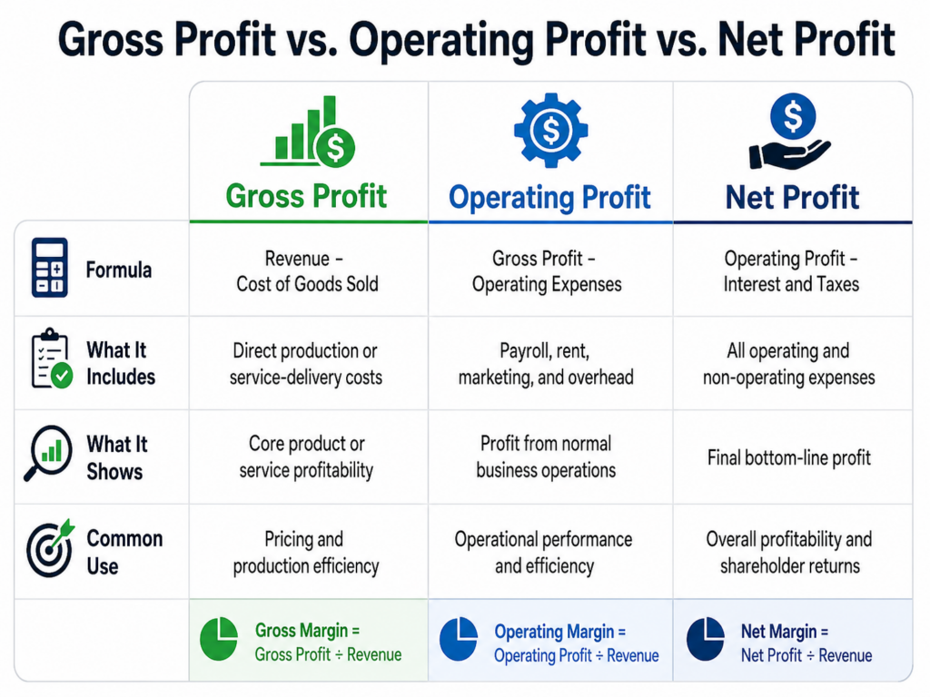 gross-vs-operating-vs-net-profit-table.jpg Table comparing the formulas, margins, and uses of gross profit, operating profit, and net profit