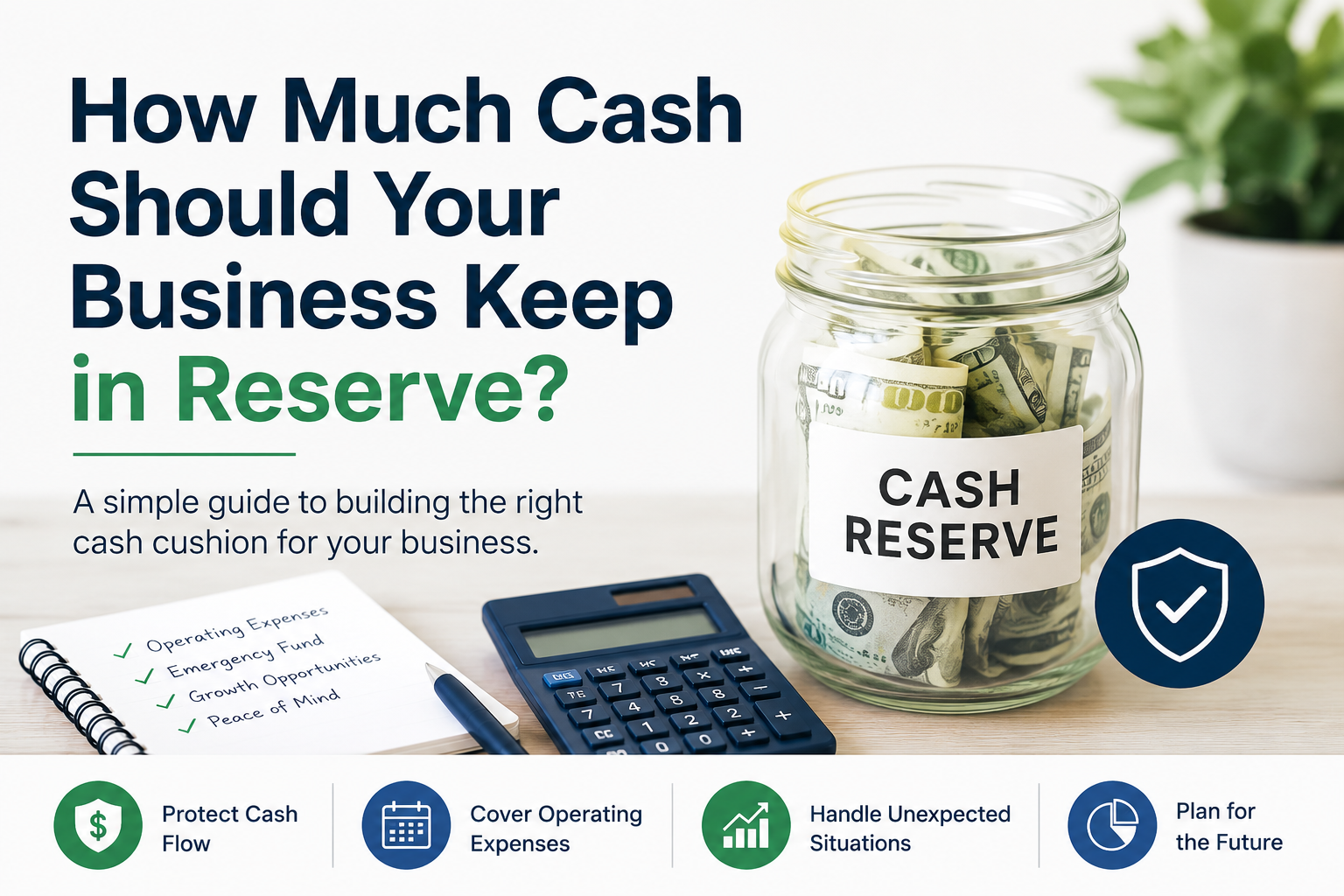 Business cash reserve jar with calculator and checklist