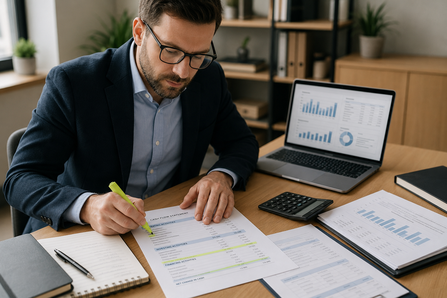 Business owner reviewing and annotating a cash flow statement line by line