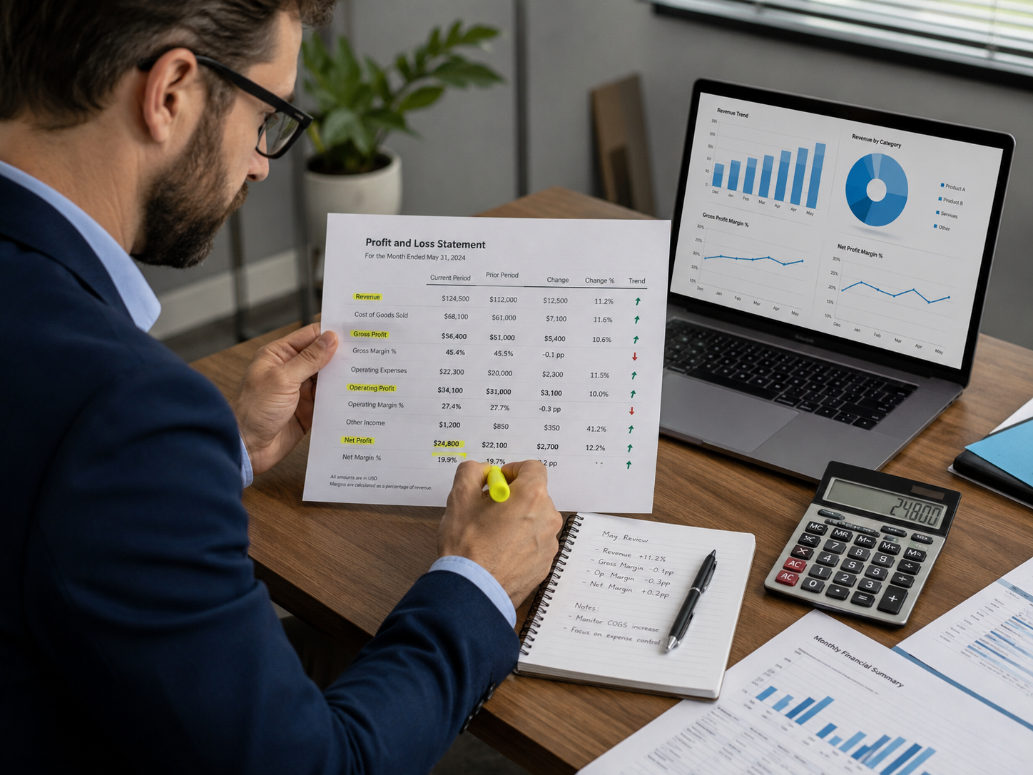 how-to-read-a-pl-statement-review Business owner reviewing and annotating a profit and loss statement, highlighting margin trends