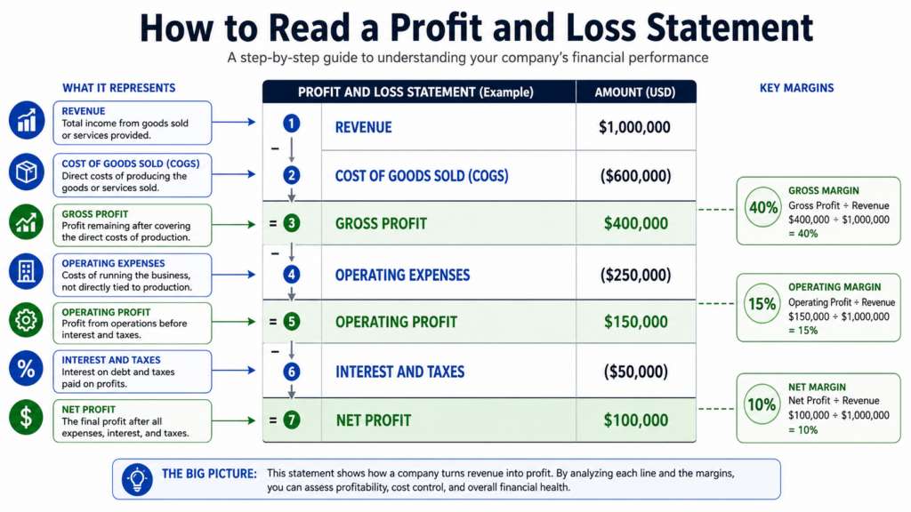 how-to-read-a-profit-and-loss-statement-annotated.jpg Annotated profit and loss statement example showing revenue, gross profit, operating profit, and net profit line by line