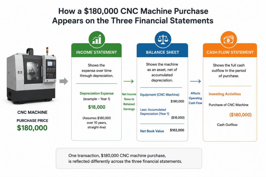 Example showing how one $180,000 equipment purchase appears differently on the income statement, balance sheet, and cash flow statement