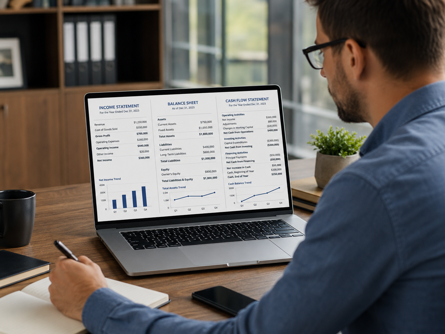 Founder comparing an income statement and balance sheet side by side on a laptop screen