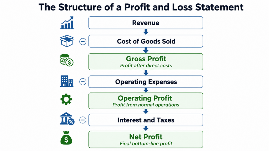 pl-statement-structure-diagram.jpg Diagram showing the top-to-bottom structure of a profit and loss statement