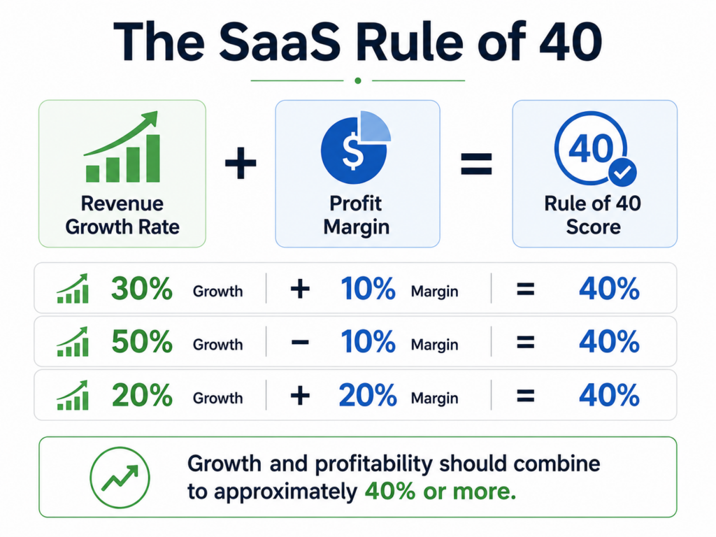 Diagram illustrating the Rule of 40, combining SaaS revenue growth rate and profit margin