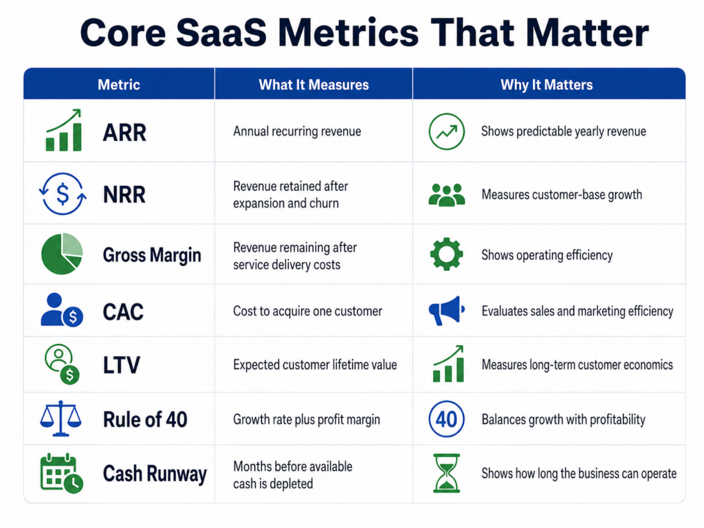 Table showing the core SaaS metrics that matter: ARR, NRR, gross margin, CAC, LTV, Rule of 40, and cash runway