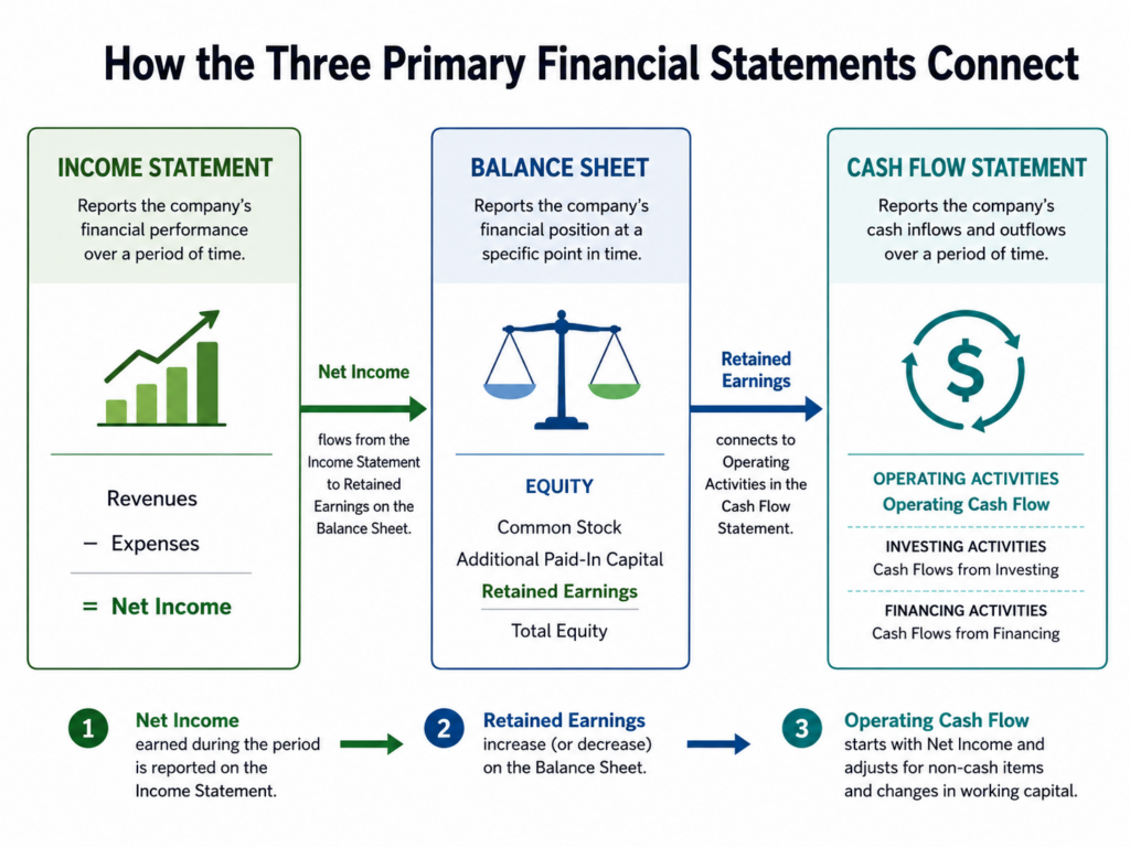 Diagram showing how net income connects the income statement, balance sheet, and cash flow statement