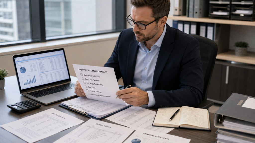 Financial controller reviewing a month-end close checklist, illustrating what a financial controller does day to day