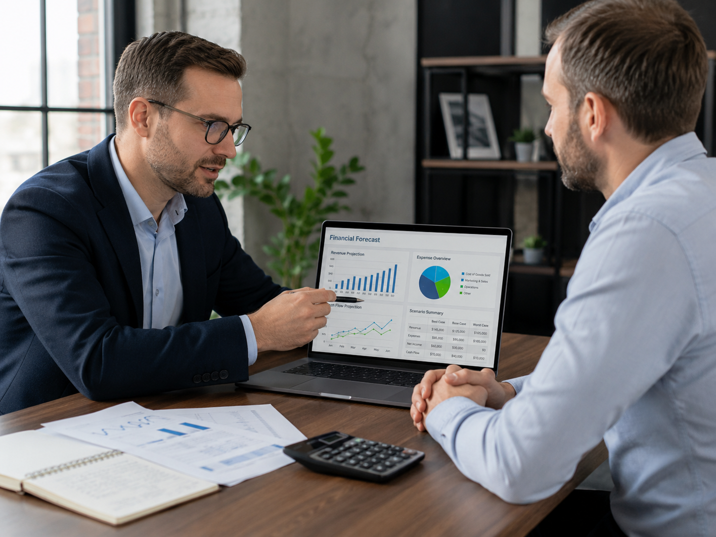 Fractional CFO reviewing a financial forecast with a business owner, illustrating what a fractional CFO does