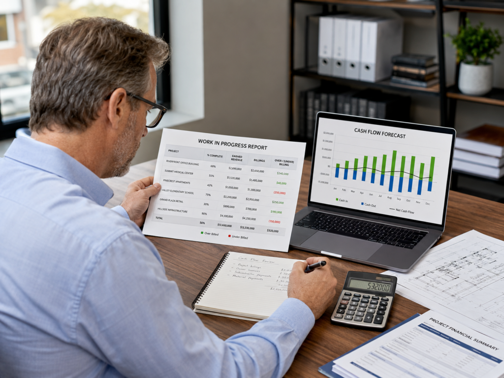 Construction financial leader reviewing a WIP report alongside a cash flow forecast